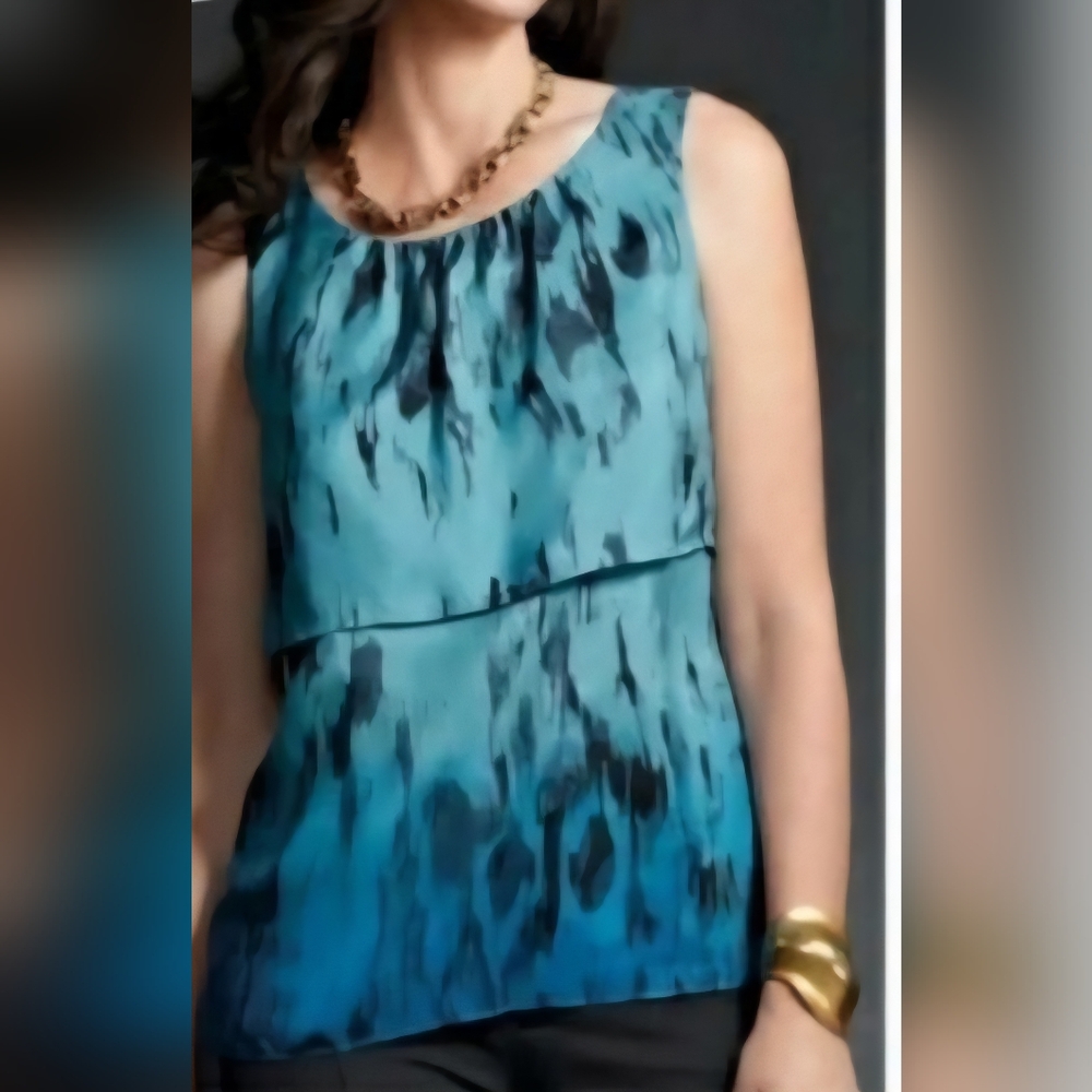CAbi Serene Teal and Black Sleeveless Silk Style 142